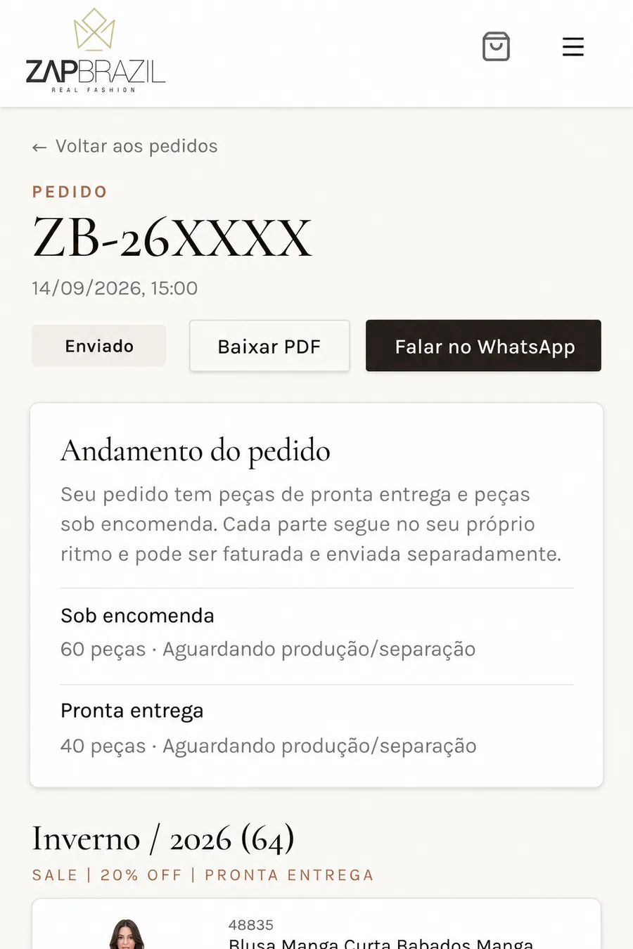 Detalhes e andamento de um pedido no Portal Zap Brazil