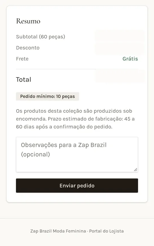 Resumo do pedido no Portal Zap Brazil