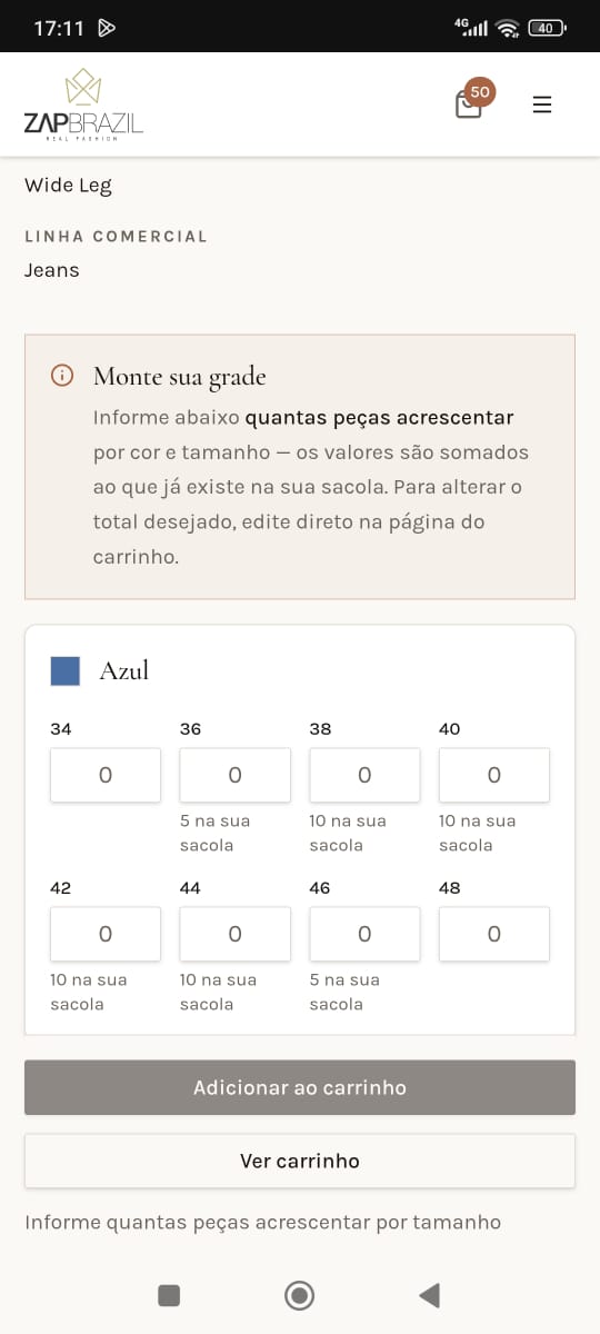Montagem de grade de cores, tamanhos e quantidades no Portal Zap Brazil